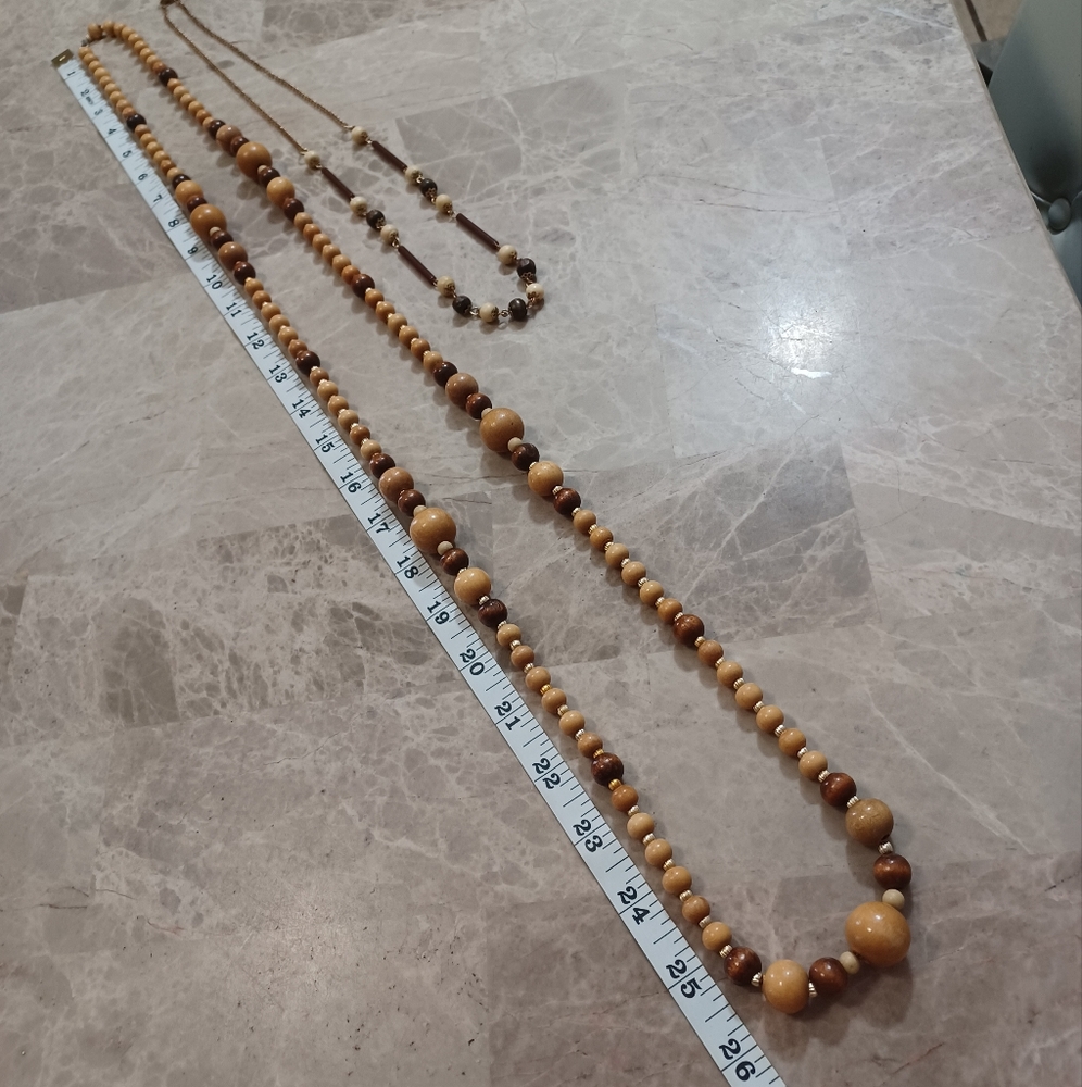 Wood Beaded Necklace Set Of 2 Brown and Cream Boho Jewelry Necklaces - Picture 5 of 9